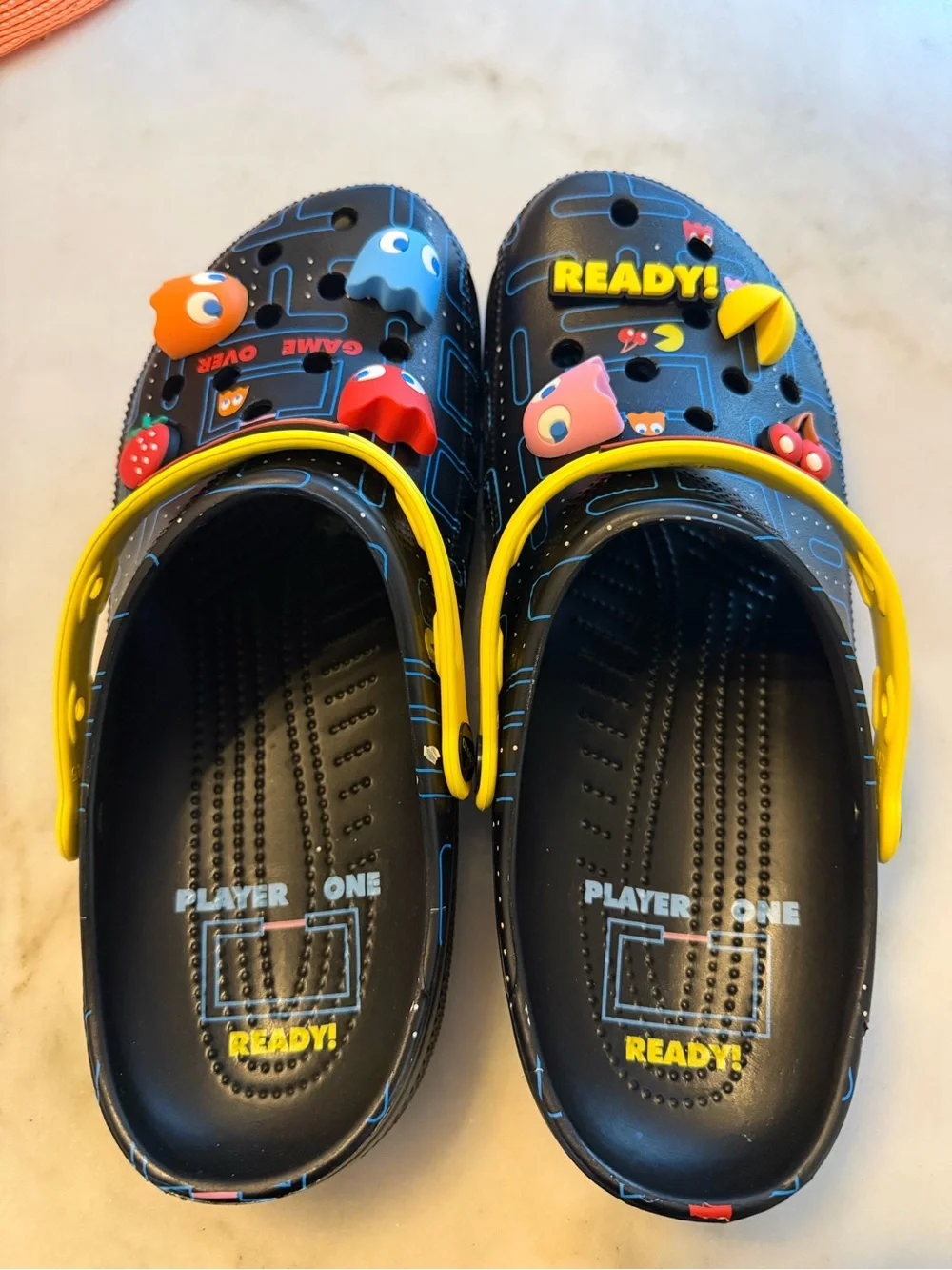 CROCS Pac-Man Themed Black Clogs with Yellow Strap